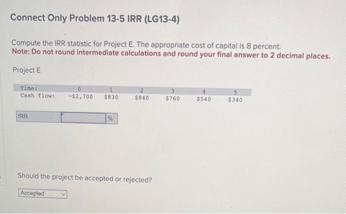  Compute the IRR statistic for Project E. The appropriate cost of