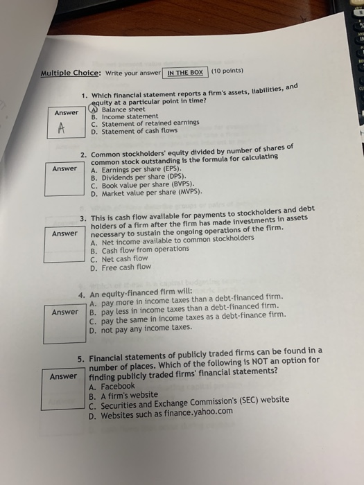  IN Multiple Choice: Write your answer IN THE BOX (10 points)
