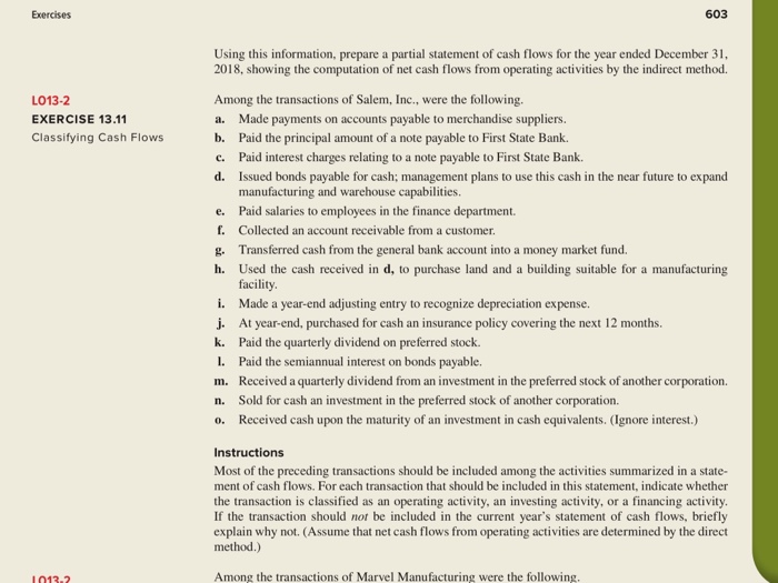  Exercises 603 Using this information, prepare a partial statement of cash