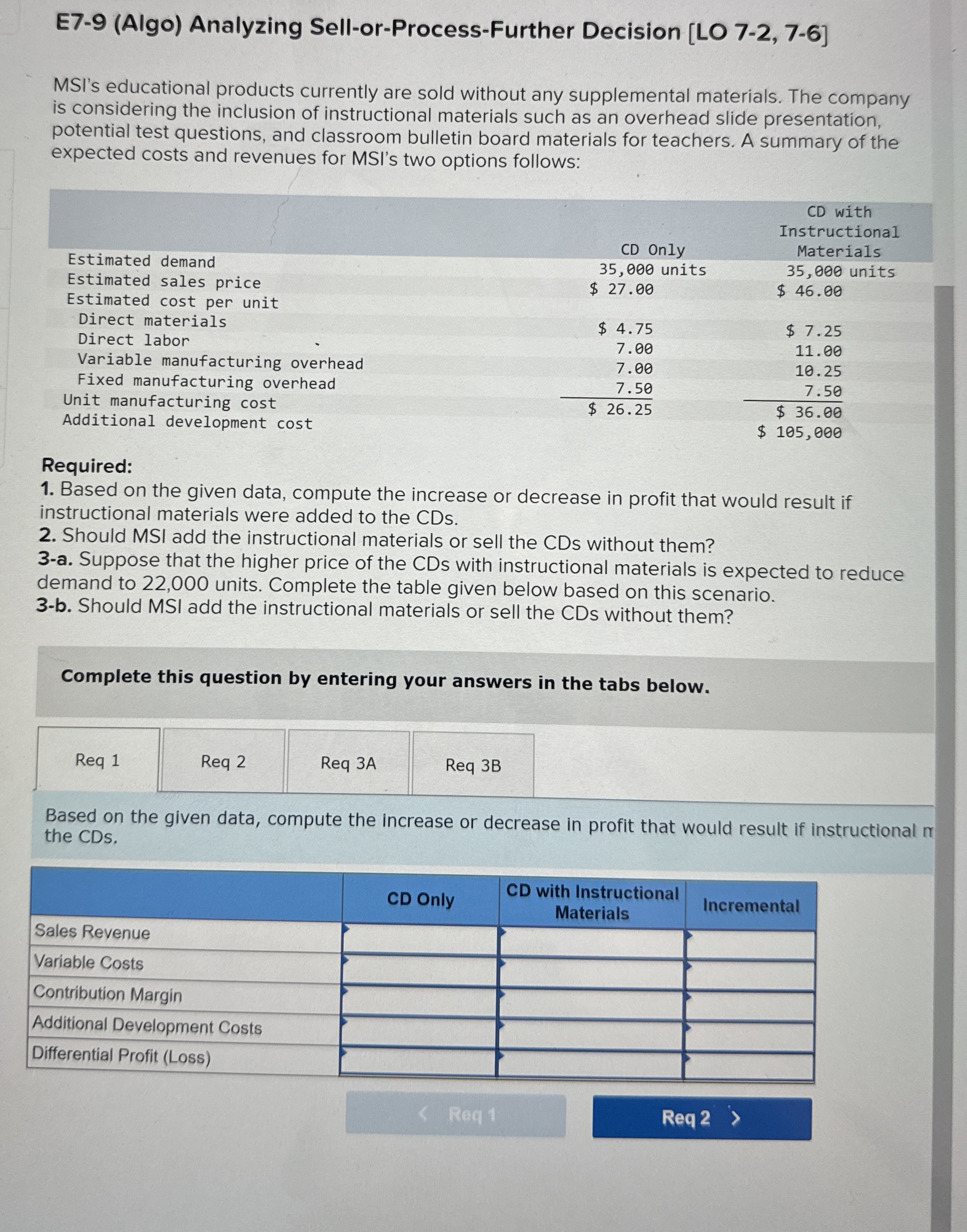  E7-9(Algo) Analyzing Sell-or-Process-Further Decision [LO 7-2,7-6] MSI's educational products currently are