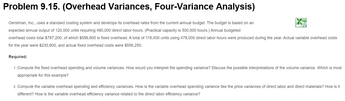 Please show all work Problem 9.15. (Overhead Variances, Four-Variance Analysis) Oerstman, Inc.,