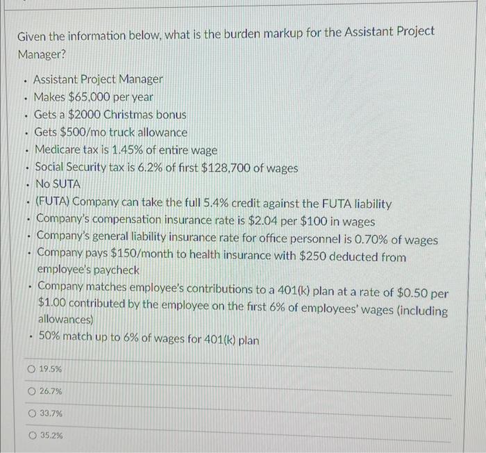  Given the information below, what is the burden markup for the