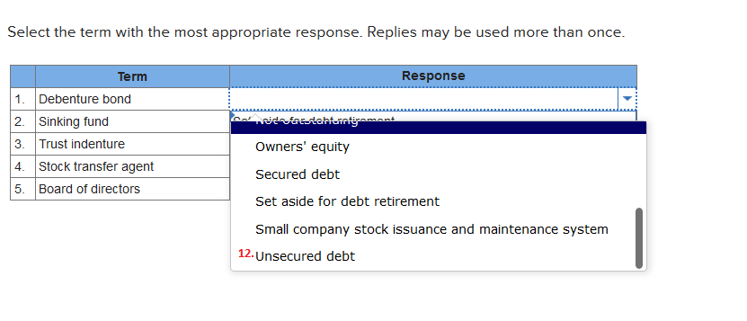 1. Debenture bond 2. Sinking fund 3. Trust indenture 4. Stock transfer