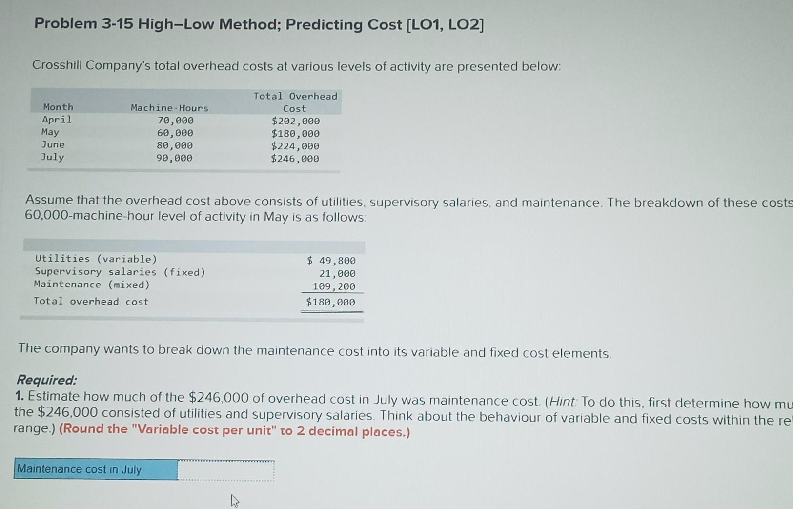  Problem 3-15 High-Low Method; Predicting Cost [LO1, LO2] Crosshill Company's total