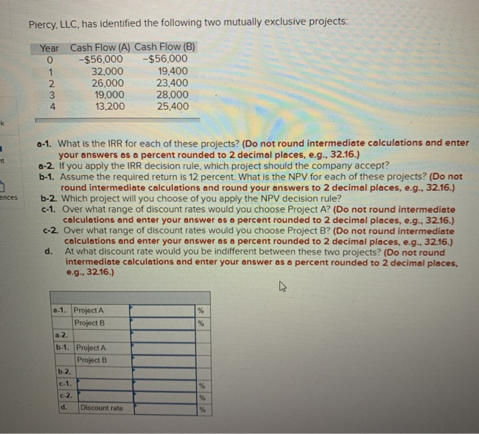  Piercy, LLC, has identified the following two mutually exclusive projects: Year