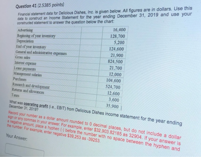  Question 41 (2.5385 points) Financial statement data for Delicious Dishes, Inc.