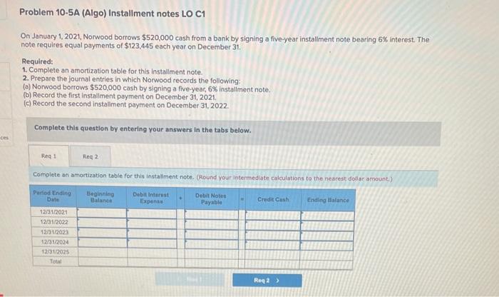  Problem 10-5A (Algo) Installment notes LO C1 On January 1, 2021,
