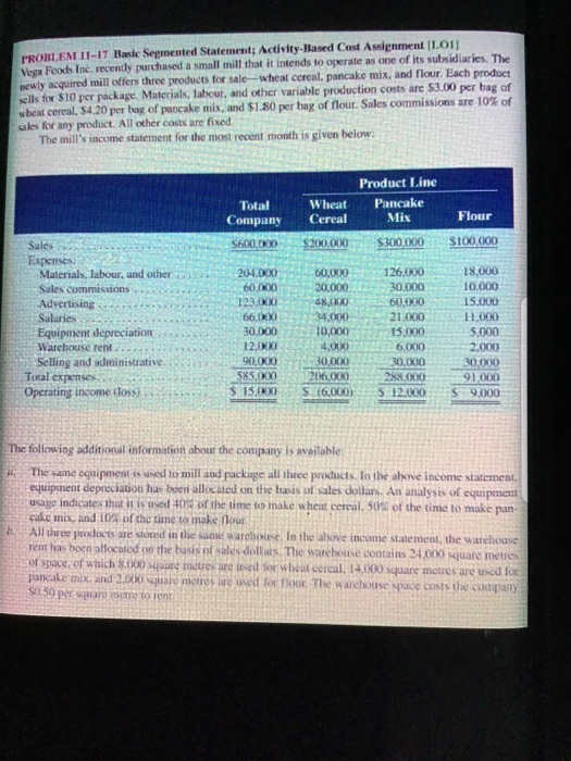  PROBLEM 11-17 Basie Sepmented Statement; Activity-Based Cost Assignment |LOI Vega Foods