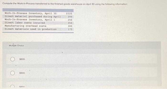  Compute the Work-In-Process transferred to the finished goods warehouse on April