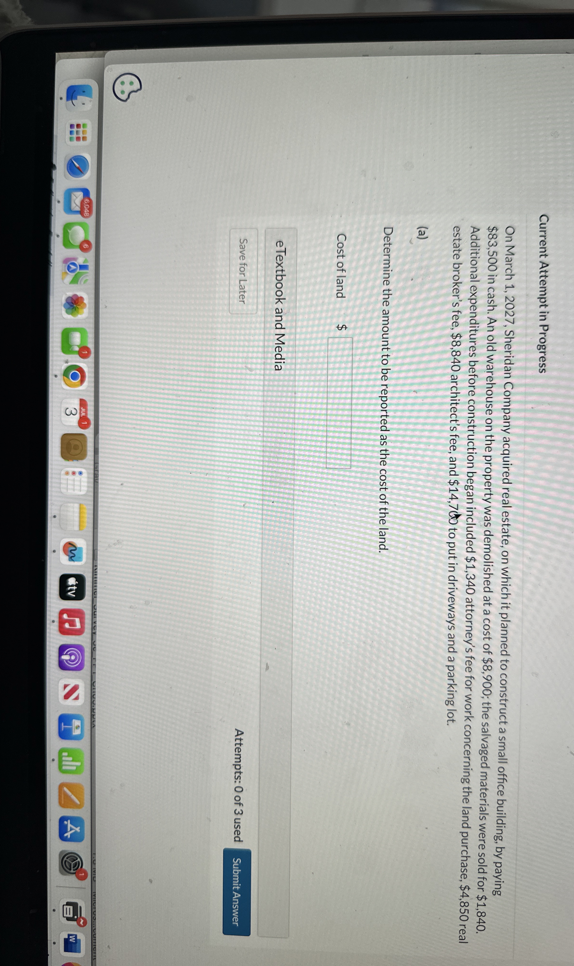  Current Attempt in Progress On March 1,2027, Sheridan Company acquired real
