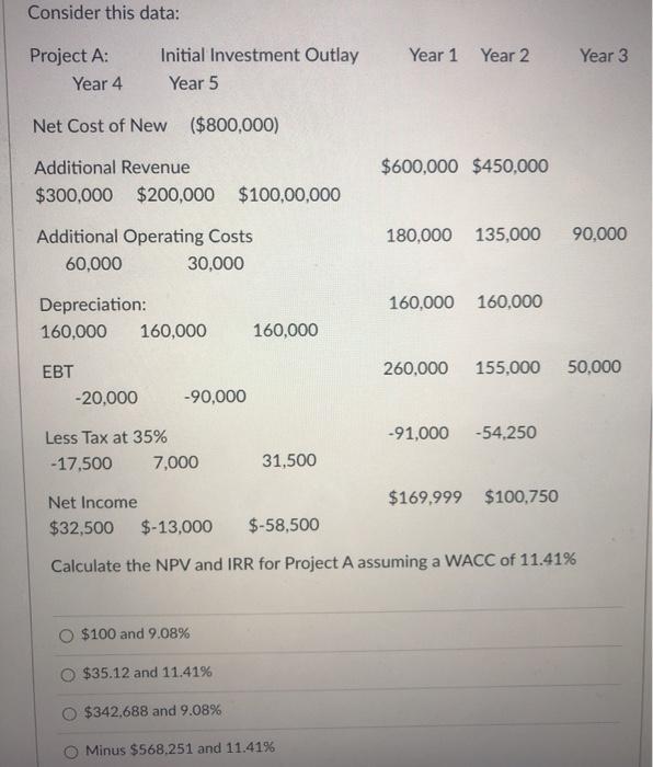  Consider this data: Year 1 Year 2 Year 3 Project A: