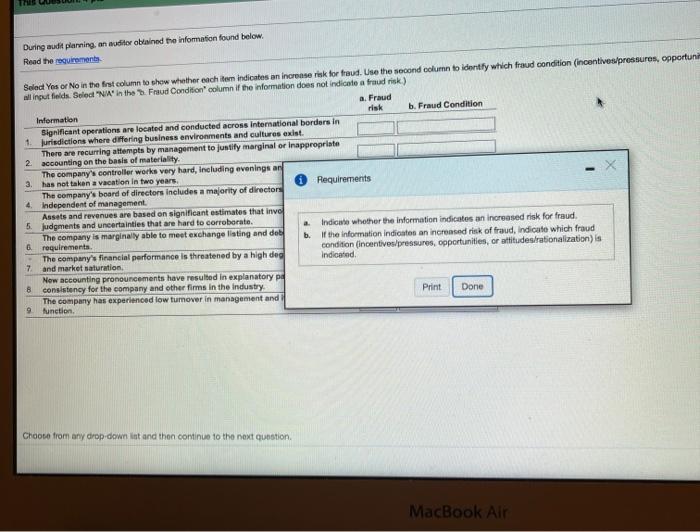  TH During audit planning an auditor obtained the information found below.