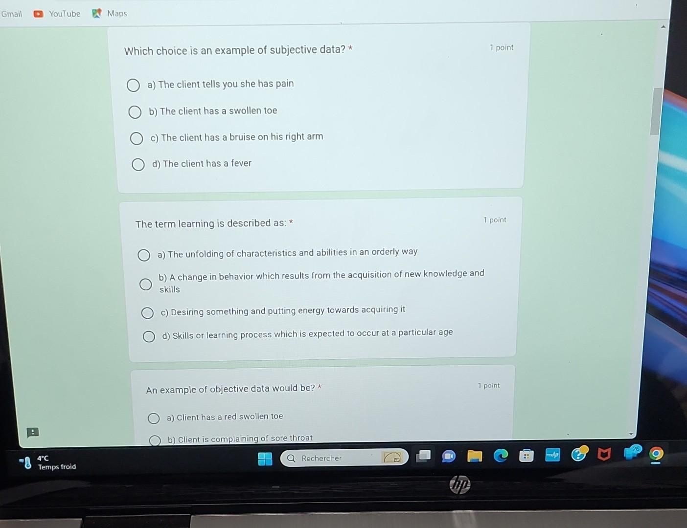  Which choice is an example of subjective data? * 1 point