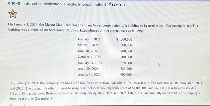  P 10-9 Interest capitalization; specific interest method LO10-7 On January 1,