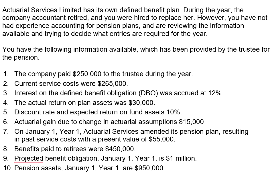  Actuarial Services Limited has its own defined benefit plan. During the