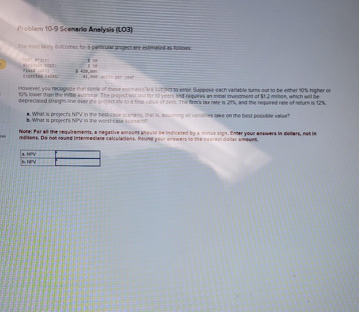  Problem 10-9 Scenario Analysis (LO3) The most likely outcomes for a