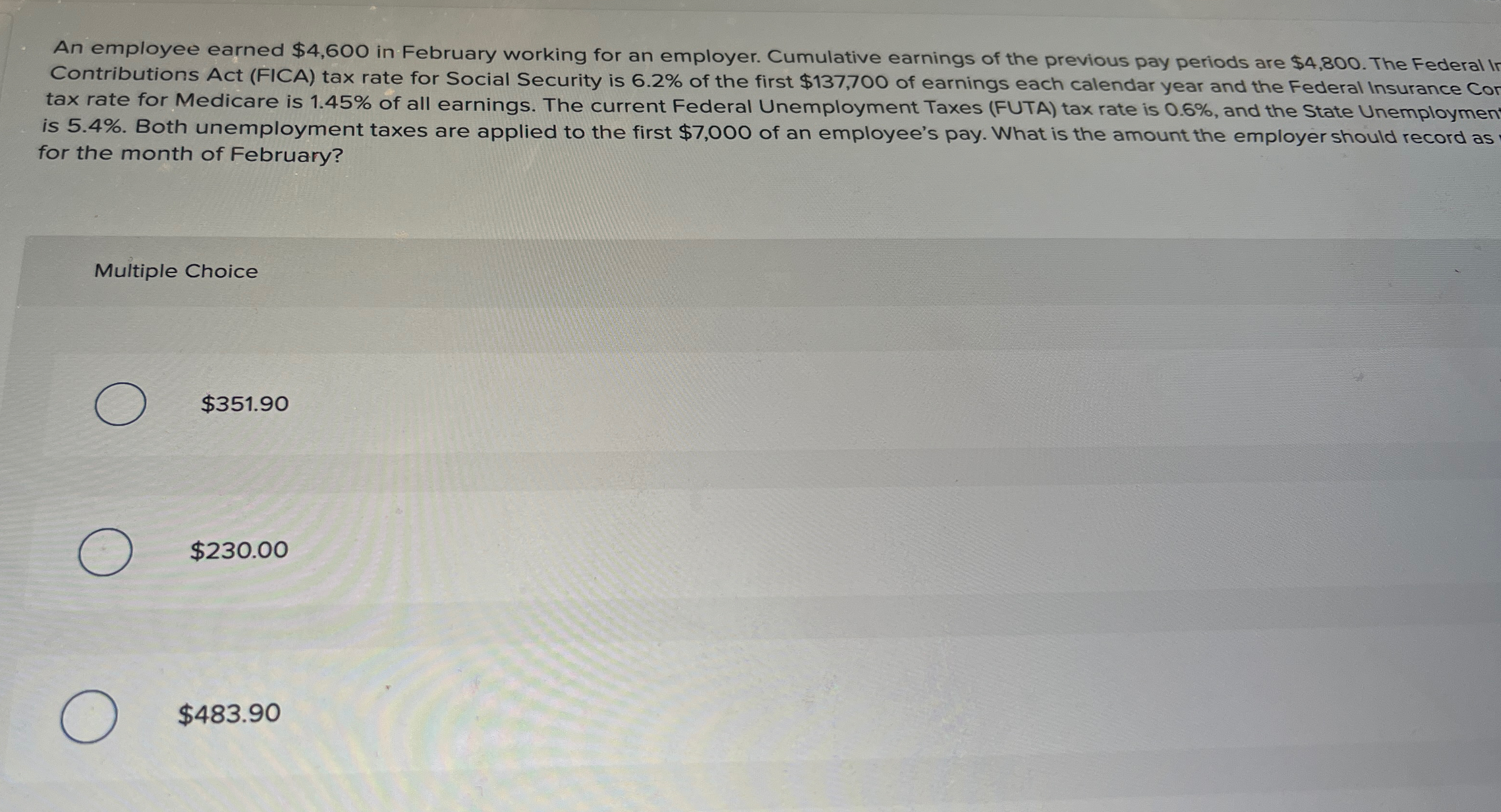  An employee earned $4,600 in February working for an employer. Cumulative