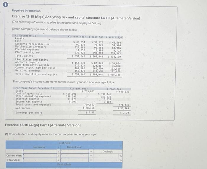  ( Required information Exercise 13-10 (Algo) Analyzing risk and capital structure