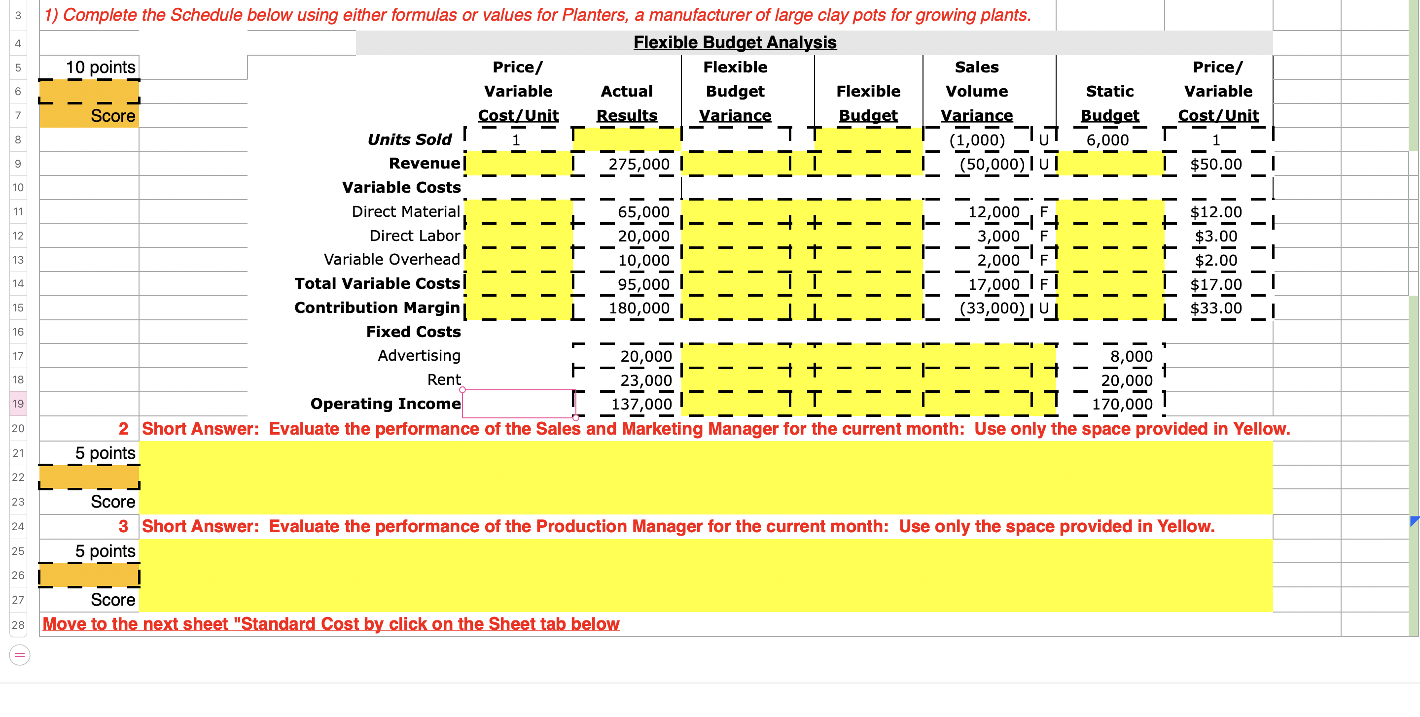  Complete the Schedule below using either formulas or values for Planters,