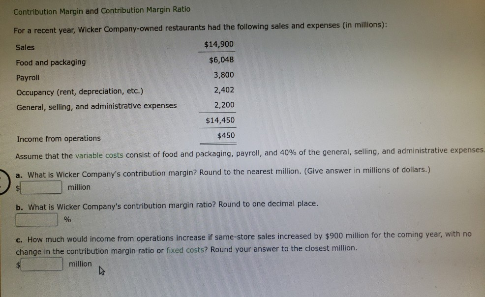 Contribution Margin and Contribution Margin Ratio For a recent year, Wicker