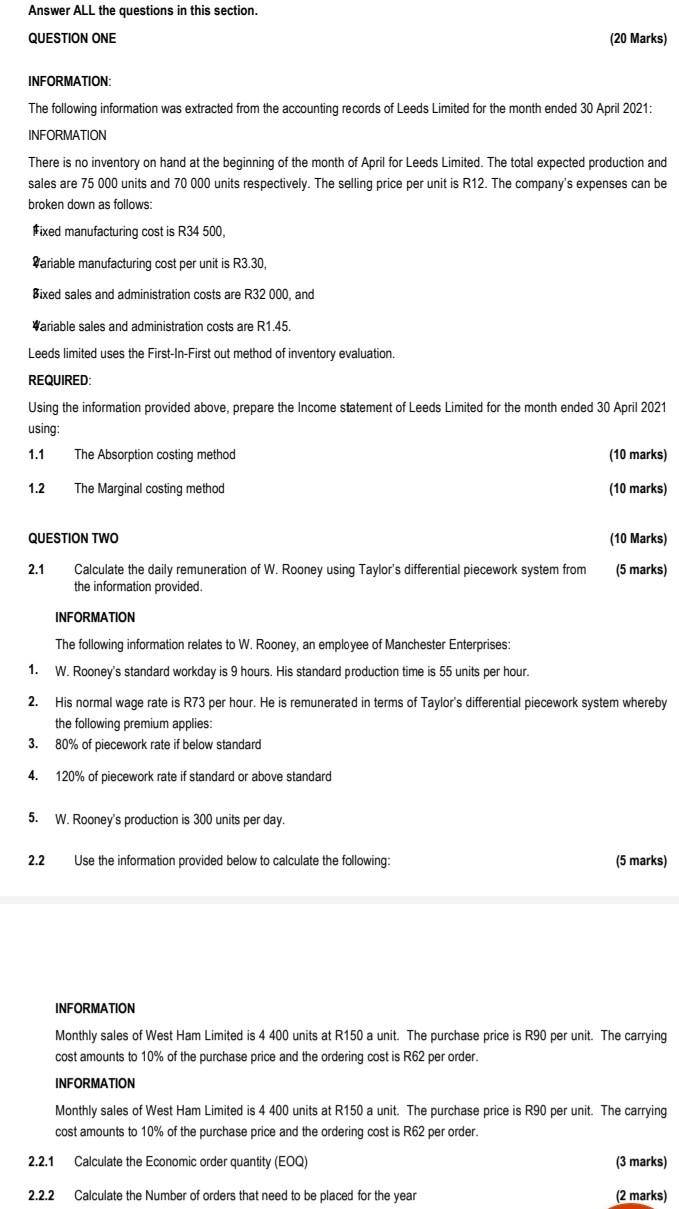  Answer ALL the questions in this section. QUESTION ONE (20 Marks)