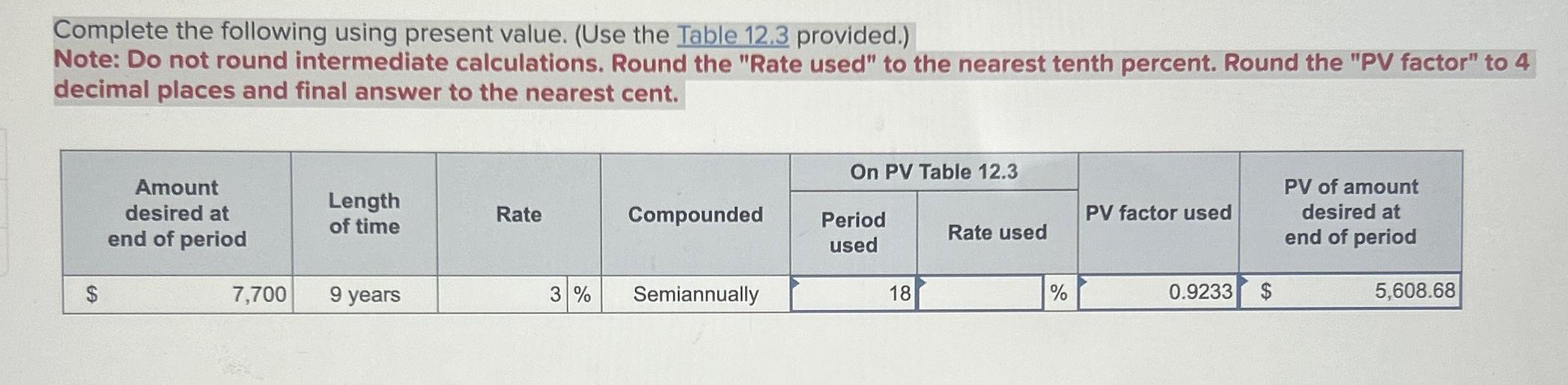  Complete the following using present value. (Use the Table 12.3 provided.)