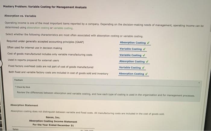  Mastery Problem: Variable Costing for Management Analysis Absorption vs. Variable Operating