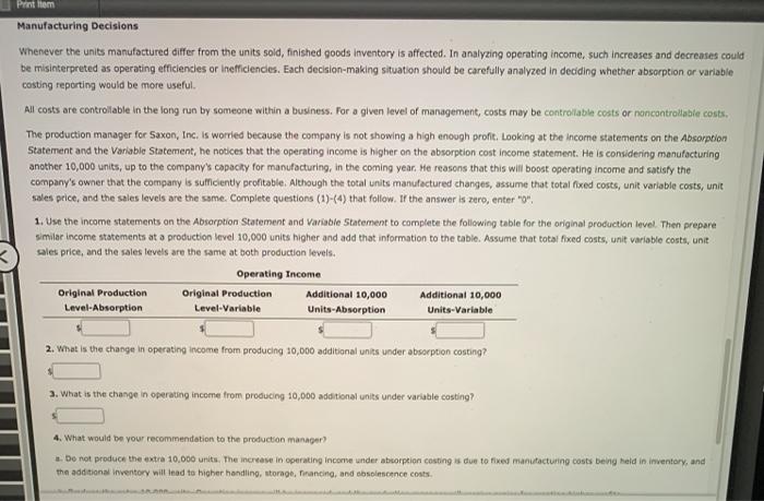 using absorption conting or variable costing, Select whether the following characteristics are