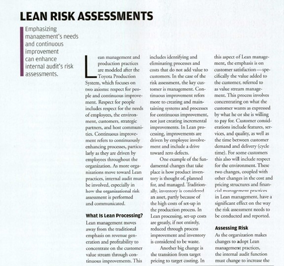  Required Summary LEAN RISK ASSESSMENTS Emphasizing management's needs and continuous improvement