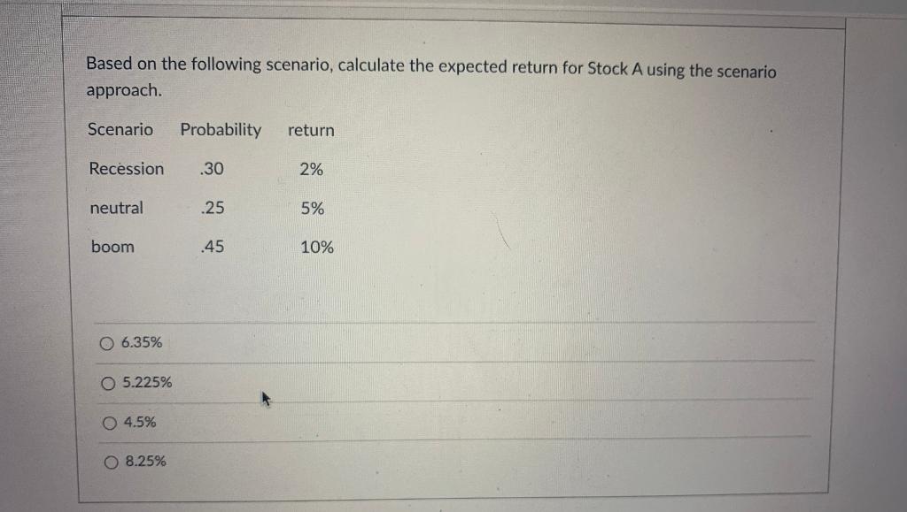 Based on the following scenario, calculate the expected return for Stock