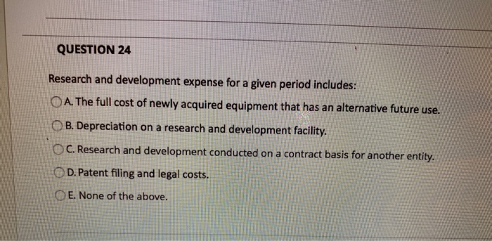 QUESTION 24 Research and development expense for a given period includes: