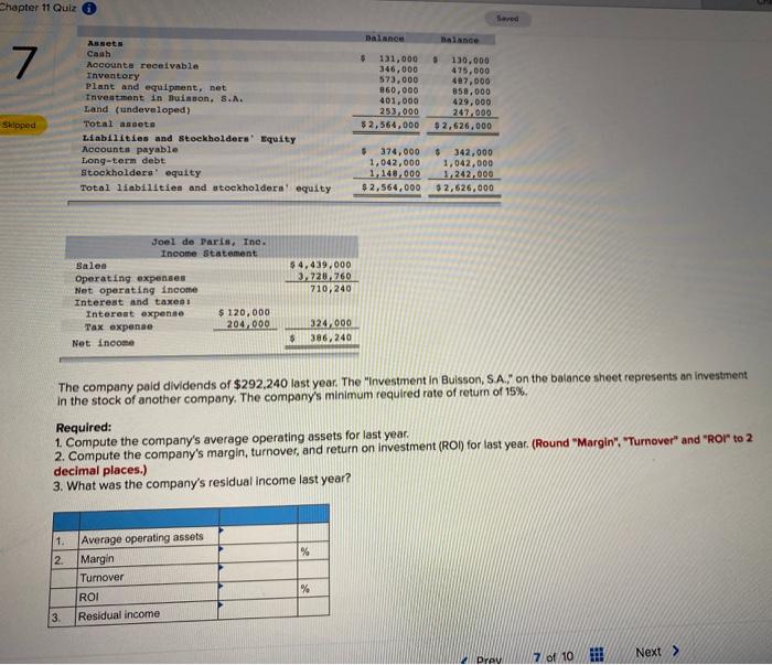 last year follow Joel de Paris, Ine. Balance Sheet Beginning Balance Ending