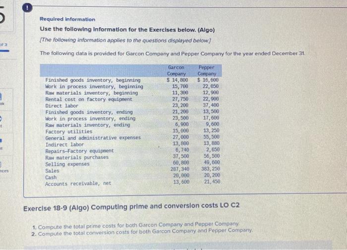  Required information Use the following information for the Exercises below. (Algo)