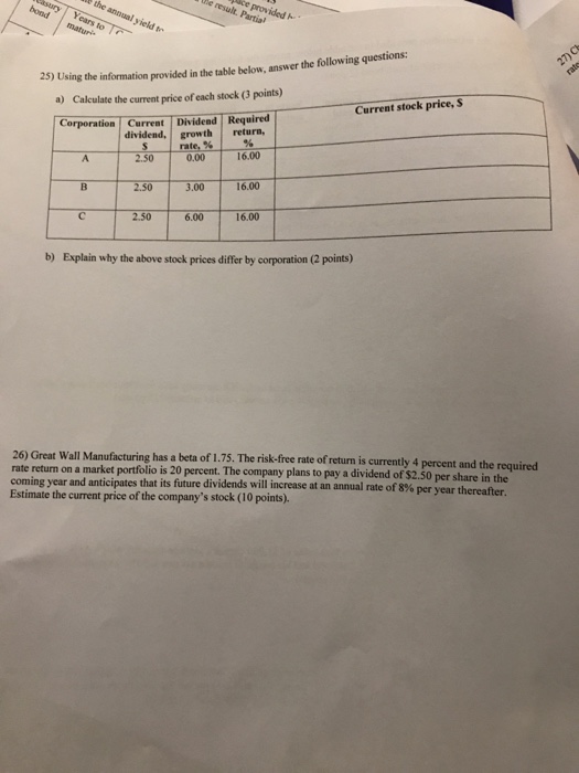  g the information provided in the table below, answer the following