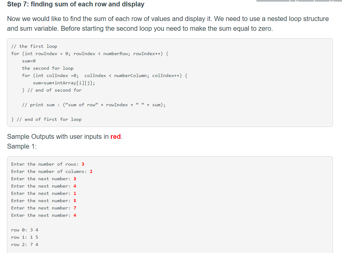 will need to find the sum of each row of array and