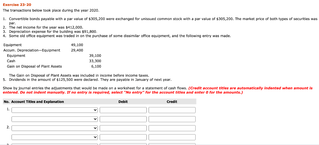 Exercise 23-20 The transactions below took place during the year 2020.