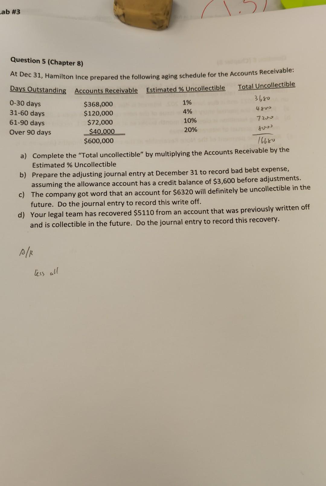 Lab #3 Question 5 (Chapter 8) At Dec 31, Hamilton Ince