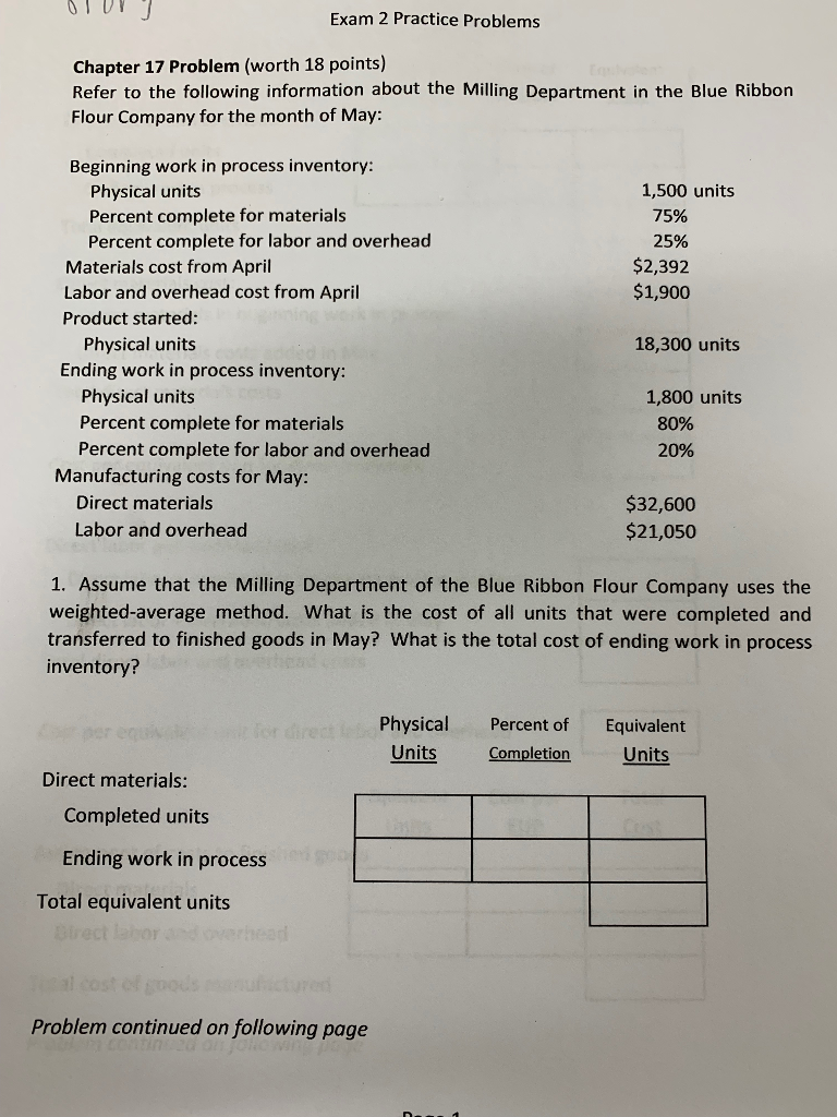  Exam 2 Practice Problems Chapter 17 Problem (worth 18 points) Refer