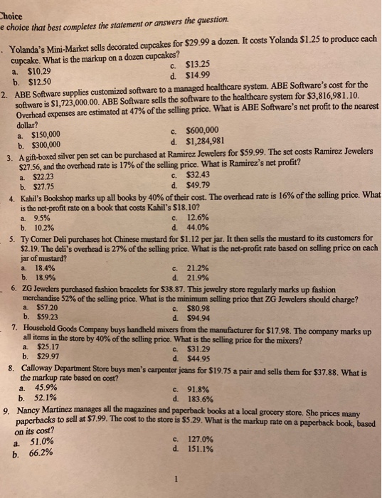  questions 1-3 only please Choice e choice that best completes the