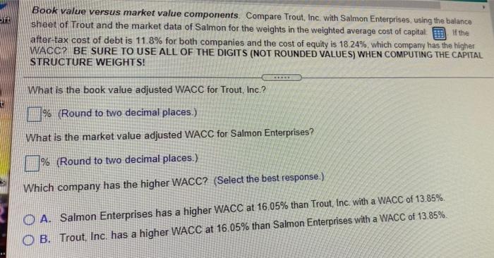 please answer asap Book value versus market value components. Compare Trout, Inc.