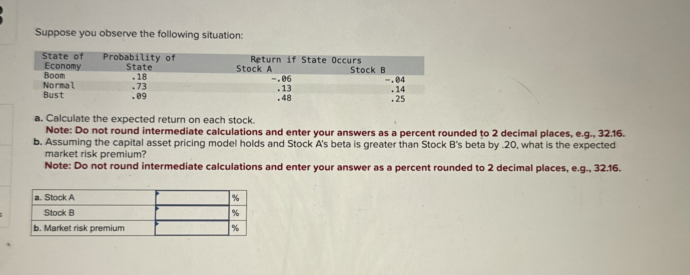  Suppose you observe the following situation: \table[[State of,Probability of,Return if],[Economy,State,Stock A,],[Boom,.18,-.06,Stock