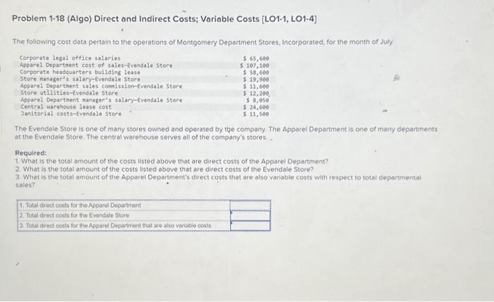  Problem 1-18 (Algo) Direct and Indirect Costs; Variable Costs [LO1-1, LO1-4]