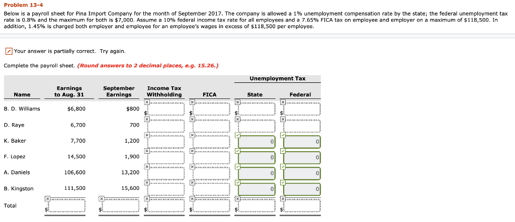  Problem 13-4 Below is a payroll sheet for Pina Import Company