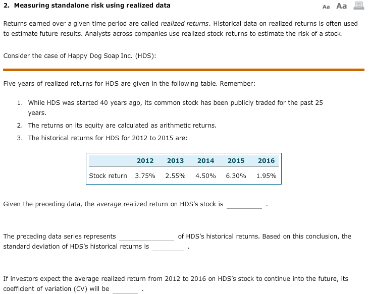 2. Measuring standalone risk using realized data Aa Aa E Returns
