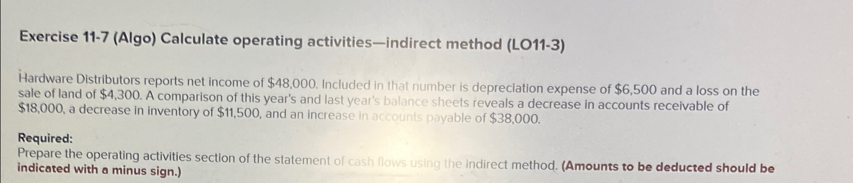  Exercise 11-7(Algo) Calculate operating activities-indirect method (LO11-3) Hardware Distributors reports net