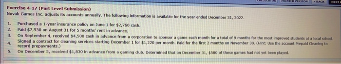  PRINTER VERSION 4 RACK Exercise 4-17 (Part Level Submission) Novak Games