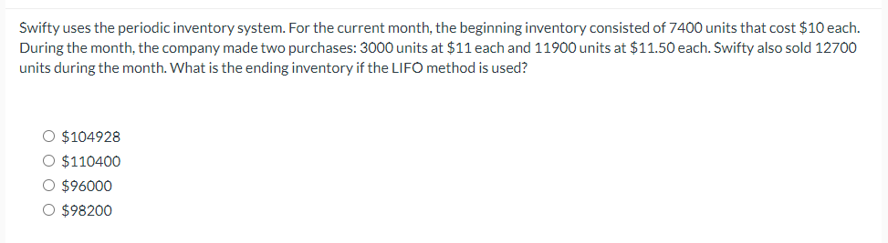  Swifty uses the periodic inventory system. For the current month, the
