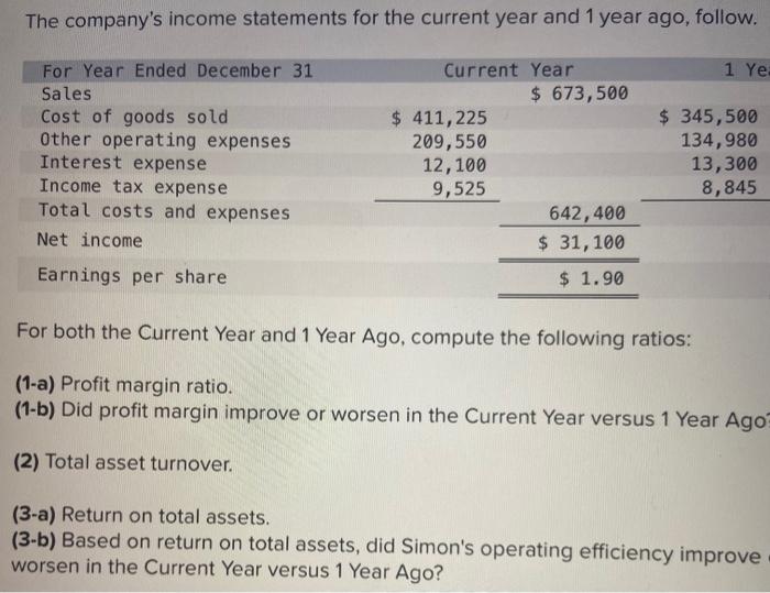 ago. Compute return on total assets for the current year and one