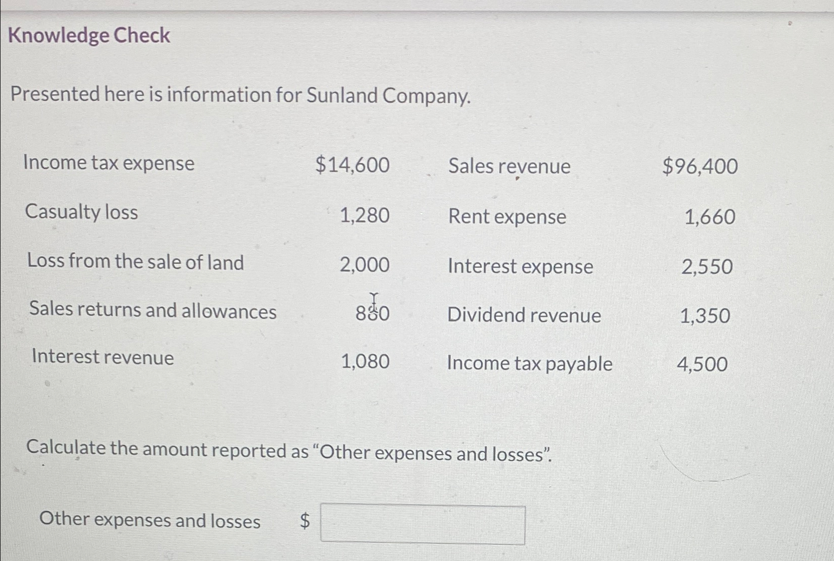  Knowledge Check Presented here is information for Sunland Company. \table[[Income tax