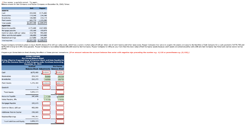 Your answer is partially correct. Try again. Balance sheets for Salt